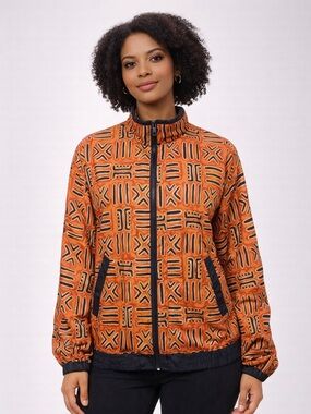 Vtg Avon Style Women’s Nylon Zip Jacket Small – Orange Tribal Print Windbreaker